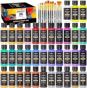 ARTFLY Acrylic Paint Set, 36 Colors in 2oz/60ml Bottles with 12 Paint Brushes, Non Toxic, Waterproof, Rich Pigments Acrylic Paint for Artists, Students, Beginners on Rocks Canvas Wood Fabric Ceramic