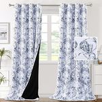 H.VERSAILTEX 100% Blackout Curtains for Living Room Camellia Floral Blackout Curtains 108 Inches Long Light Blocking Window Treatment Curtains with Black Liner Grommet Thermal Drapes, 2 Panels, Navy