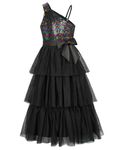 GRACE KARIN Girl Tulle Sequin Dresses with Belt One Shoulder Sleeveless A-Line Maxi Wedding Birthday Evening Prom Gown 12-14 Years Old Black