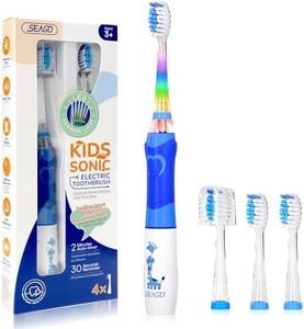 SEAGO Kids Electric Toothbrush with 2 Mins Brushing Timer and 4 Replacement Bursh Heads, Rainbow LED Light Make Brushing Fun, Blue Color Boys Battery Powerd Toothbrush for 4-12 Years Old，SG-977