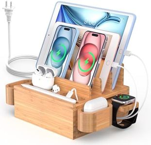 Pezin & Hulin Bamboo Phone Charging Station, Docking Stand for Multiple Devices, Desktop Electronic Organizer for Phones, Tablets, Earbuds and Watches (Include 5-Port USB Charger and 5 Cables)