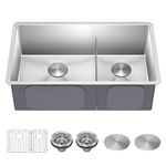 Kraus KHU103-32 Standart PRO 32 inch 16 Gauge Undermount 60/40 Stainless Steel Set (8 Item Bundle: Sink, Bottom Grid Assembly, Drain Cap x2, Kitchen Towel), 32, 50/40 Double Bowl