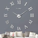 VREAONE Large 3D DIY Wall Clock, Giant Roman Numerals Clock Frameless Mirror Big Wall Clock Home Decoration for Home Living Room Bedroom Wall Decorations (Silver)