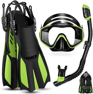 Odoland Kids Snorkeling Packages Snorkel Set, Anti-Fog and Anti-Leak Dry Top Snorkel Mask with Adjustable Swim Fins for Boys and Girls Age 7-14, Green and Black