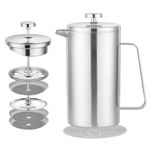 Misichao Small Cafetiere 2 Cup French Press Coffee Maker, Stainless Steel Caffettiere Insulated Coffee Press with 3 Level Filtration System, 3 Extra Filters, 350ml, Silver