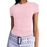 Abardsion Women's Casual Basic Going Out Crop Tops Slim Fit Short Sleeve Crew Neck Tight T Shirts, Light Pink, Small