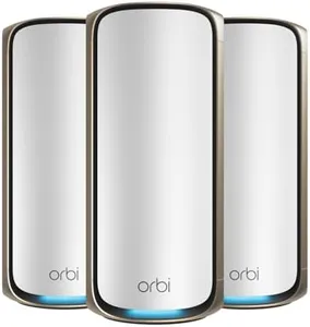 NETGEAR Orbi 970 Series Quad-Band WiFi 7 Mesh Network System (RBE973S), Router + 2 Satellite Extenders, Security Features, Up to 27Gbps, Covers Up to 10,000 sq. ft., 200 Devices, 10 Gig Internet Port