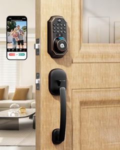 Keyless Entry Deadbolt with Handle Set - WiFi Smart Lock with Camera, 5-in-1 Camera+Doorbell+Fingerprint+Keypad, App Control, Auto Lock, Easy Install, Waterproof for Front Door(Black)