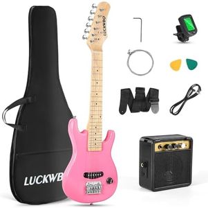 LUCKWBQ 30 Inch Kids Electric Guitar Beginner Kits ST Style Mini Electric Guitar for Boys Girls，Electric guitar Starter Kit w/ 5W Amplifier, Strap, Gig Bag, Strings, tuner，strings，Picks(Pink)