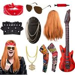 Rockstar Fancy Dress Men Kids, Rockstar Costume Outfit Accessories - Heavy Metal Wig, Vintage Red Headband, Tattoo Sleeves, Gloves, Sunglasses, Inflatable Guitar, Punk Necklace, Jeans Chain