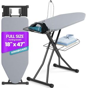 KINGBOARD Extra Wide Ironing Board 18x47 Ironing Surface with Iron Rest and Clothes Shelf, 7-Level Adjustable Foldable Iron Board with 4 Layer Heat Resistant Cover and Cord Holder, Grey