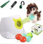 Automatic Dog Ball Launcher with Remote Control - Interactive Fetch Machine Thrower for Small and Medium Sized Dogs with 6 High-Bounce Washable Latex Balls, Training Clicker, and Whistle – White