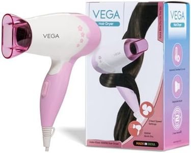 VEGA Insta Glam Foldable 1000-1200Watts Hair Dryer for Men & Women, 2 Heat & 1 Speed Settings (Low & High), Perfect Blow Dry & Style, Compact Hair Dryer for Travel & Home Use (VHDH-20) Made In India