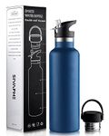 Sivaphe Sport Water Bottle 25oz Stainless Steel with Straw and 2 Lids, Double Wall Vacuum Insulated Flask Drinking Bottle (Blue)