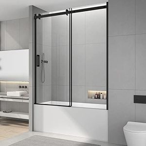 Sunrosa Semi-Frameless Tub Shower Door 59-2/8"×60", Single Sliding Shower Door, Bathtub Shower Door with Tempered Glass 5/16"(8mm), Glass Shower Door for Bathtub in Matte Black