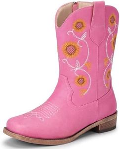 Bybmorto Girls Cowboy Boots with Sunflower Embroidery, Western Cowgirl Boots for Toddler/Little/Big Kids, Square Toe Side Zipper Non-Slip Shoes for Daily Birthday Wear