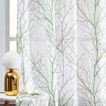 Fmfunctex Green Semi Sheer Voile Curtains for Bedroom 72 Drop Grey Eyelet Curtains for Living Room Tree Branch Curtains Linen Textured Light Filtering Window Curtain Drapes for Dining Room 2 Panels