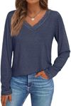 AUTOMET Long Sleeve T Shirts for Women Lace V Neck Casual Cute Tops Loose Fit Fall Winter Basic Clothing, DarkBlue, M