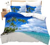 Beach Bedding Ocean Duvet Cover King Cloud Hawaiian Palm Tree Waves Comforter Cover Tropical Island and Sea Beach Nature Theme bedding, Decorative Bedding Set with 2 Pillow Sham, Blue,Zipper