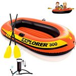 Toy Imagine™ Explorer 300 3 Person Polyvinyl Portable Orange Inflatable Boat with French Oars and Hand Pump, Kids Adventure, Rafting, Small Boats for Pools and Lakes
