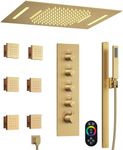GRANDJOY Thermostatic Shower System with 6 Body Jets, 23" x 15" Ceiling Waterfall Faucet Set with Handheld Sprayer & 64 Led Light, Brushed Gold