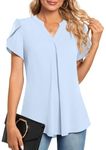 Anyhold Women's Summer Dressy Chiffon Blouse Notch V Neck Petal Sleeve Tops Loose Casual Cute Shirts for Work 2X-Large, Short-Light Blue