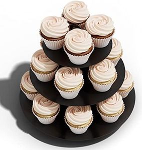 Blissur Cupcake Stand Tower, Cupcake Tower, Black Cupcake Tier Stand, 3 Tier Cupcake Stand, Cup Cake Stand Cardboard Dessert Cupcake Stand Holder for Parties, Tiered Cupcake Stand (1Pack, Black)