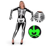 Spooktacular Creations Adult Women Skeleton Costume Glow in the Dark Skeleton Lady Jumpsuit for Halloween Dress Up Party Role Playing Cosplay