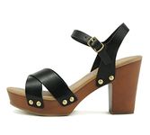 Soda MIGUEL ~ Women Crisscross Band Fashion Chunky Platform Block Mid Heel Sandal with Ankle Strap and Stud, Black Pu, 8.5