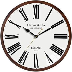 Harris & Co. Clockmasters Luxury Wooden Frame Curved Glass Silent Sweep Noiseless Technology Roman Design Wall Clock with Spade Hands (Brown, 13 Inches)