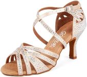 GOKTUR Women's Latin Dance Shoes Rhinestone 2.2" Heel Professional Satin Ballroom Salsa Performance Dancing Shoes (Beige 3inch Heels, Adult, Women, 6.5, Numeric, US Footwear Size System, Medium)