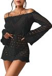 OYOANGLE Women's Crochet Hollow Out Long Sleeve Off Shoulder Beach Dress See Through Cover Up Swimwear Black X-Small