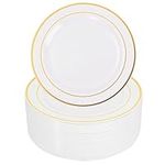 Gikisla 25 Pieces Plastic Plates - White & Gold Rimmed Reusable Plates Premium Heavy Duty - 26cm Dinner Plates for Christmas Parties Wedding