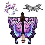 Xerteam Womens Girls Butterfly Wings Shawl, Adult Butterfly Wings Cape with Black Lace Eye Mask and Three-dimensional Butterfly Headband, Butterfly Costumes Fairy Pixie Cloak Fancy Dress