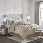 Madison Park Laurel King Size Bed Comforter Set Bed in A Bag - Taupe, Wrinkle Tufted Pleated - 7 Pieces Bedding Sets - Faux Silk Bedroom Comforters