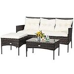 Tangkula 3 Pieces Patio Conversation Set, Outdoor PE Rattan Wicker Furniture Set W/Cozy Cushions, All Weather Sectional Sofa Set W/Tempered Glass Coffee Table for Poolside, Backyard, Garden