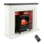 Endeavour Fires Farlington Electric Fireplace, Black Log Burner Stove in 48’’ Off White Surround, LED Downlights with Remote Control (Grey Top/Red Brick)