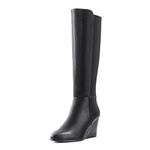 PODAIK Wedge Heeled Boots for Women Knee High Boots with Round Toe Side Zipper High Heeled Boots, Black Pu, 7