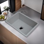 REMANENCE Granite Quartz Single Bowl Kitchen Sink With Drain Board, Drain Rack and PVC Waste Pipe-Flushmount/Undermount/Top Mounted Kitchen Sink (Grey Sand, 24 x 18 x 9 Inch)