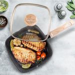 AGARO Imperial Granite Non Stick Grill pan with Glass Lid, 1.8L/ 24cm, Cast Aluminium Body, Gas & Induction Compatible, Dark Grey