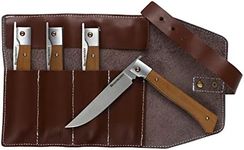 Messermeister 4” Folding Steak Knife Set in Leather Roll - German X50 Stainless Steel & Carbonized Wood Handle - Rust Resistant & Easy to Maintain - Includes 4 Knives & Leather Pouch