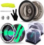 YOYOSTUDIO Yoyo P1 Crystal Black & T16 Black Green Purple, Professional Dual Purpose Yoyos 2 Pack, Responsive Yoyo for Kids 8-12 with Unresponsive YoYos Bearing Kit for Adults +10 Strings + 2 Cases