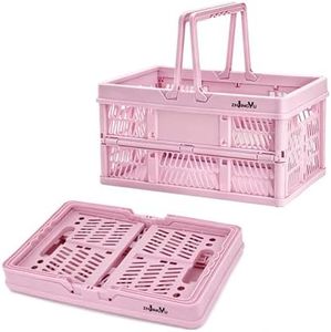 Pink Plastic Baskets with handles,2-pack Collapsible crates for storage,14.96"x9.84"x7.87" foldable shopping basket ,foldable crate with Handles for car Classroom Kitchen Bathroom Medicine Milk