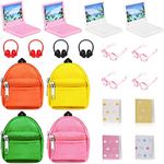 20 Pieces Doll Travel Accessories Include Mini Laptop Scene Simulation Doll Backpack Bag with Zipper Mini Headsets Toy Sunglasses Mini Book for 1/12 1/6 Scale Dolls House Decoration (Elegant Style)