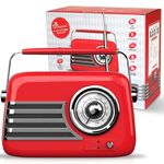 UK Technology Retro Radio, Portable FM Radio & Bluetooth Speaker, Vintage FM Radio, Mains Or Battery Operated, Large Dial, Transistor Antenna, Aux, USB Plug In (Red (Gloss))