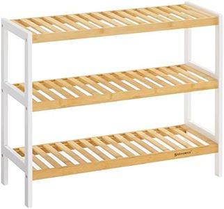 SONGMICS Étagère Chaussures à 3 Niveaux, Meuble de Rangement en Bambou, Organisateur à Chaussures, pour Entrée, Couloir, LBS03H, Blanc et Couleur Boisée, 70 x 26 x 55 cm