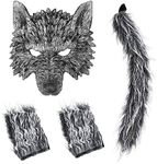 Wolf Mask with Wolf Tail and Gloves, Wolf Costume and Werewolf Mask for Mens Women Kids Halloween Party Dress Up, Cosplay (Grey)