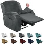 XINEAGE 4 Pieces Velvet Recliner Slipcover Stretch Recliner Chair Cover with Side Pocket Anti-Slip Fitted Recliner Cover Couch Furniture Protector with Elastic Bottom (Recliner, Grey)