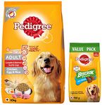 Pedigree Adult Dry Dog Food (High Protein Variant) Chicken, Egg & Rice, 10kg Pack & All Life Stages Biscrok Dry Dog Biscuits (above 4 Months), Chicken Flavor, 900g Pack