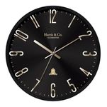 HARRIS & CO. CLOCKMASTERS Silent Sweep Noiseless Technology Analog Wall Clock With Metal Golden 3D Numbers (14 Inch, Black Metal Frame & Dial, Model - Jermyn Street)